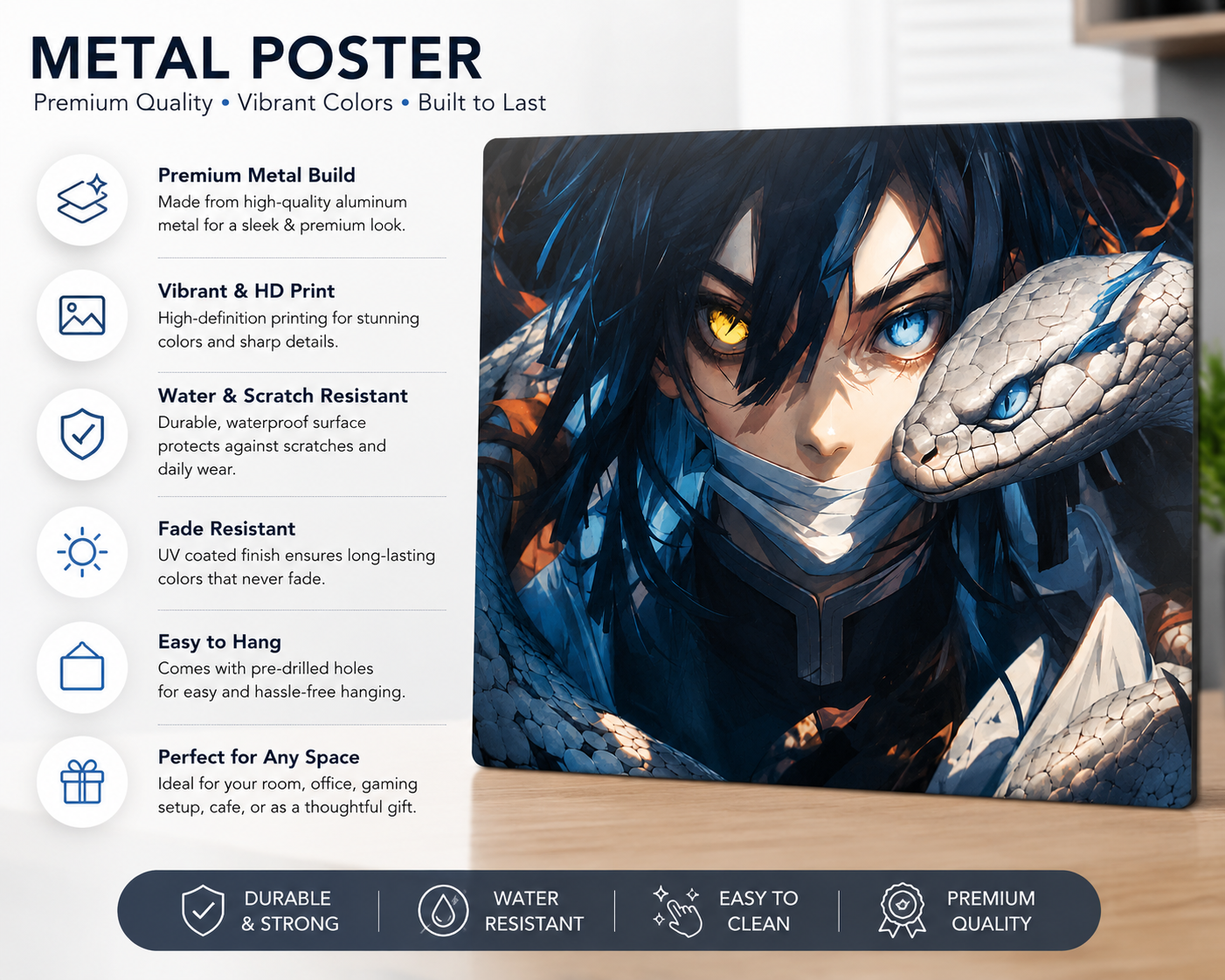 Blue Serpent Warrior Metal Poster | Premium Gloss Finish | A4 Landscape