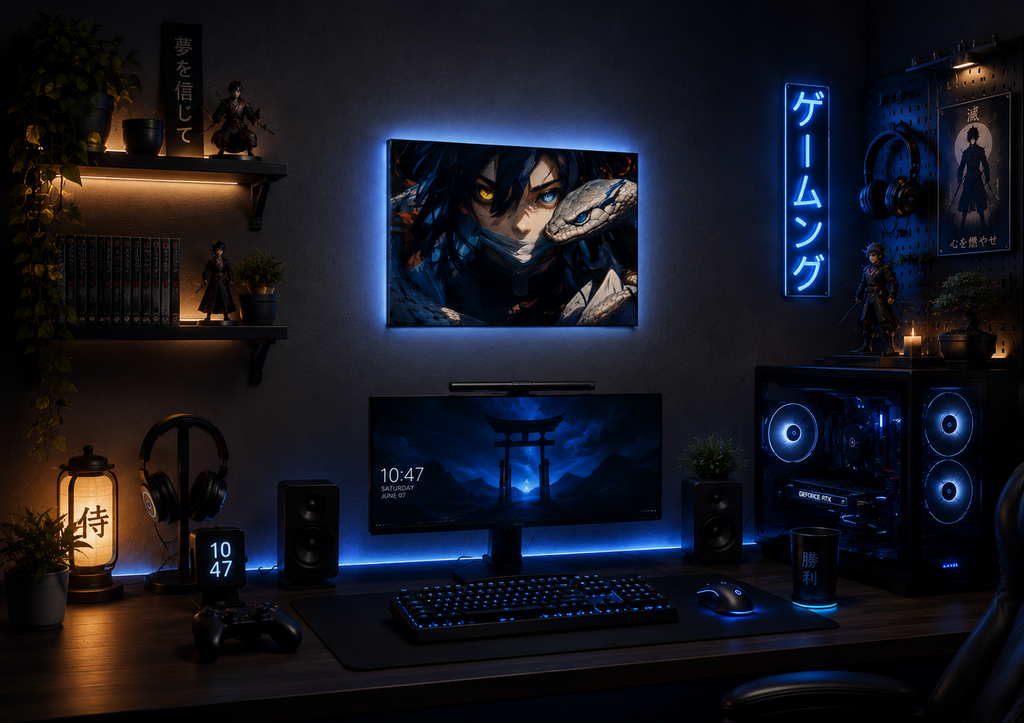 Blue Serpent Warrior Metal Poster | Premium Gloss Finish | A4 Landscape