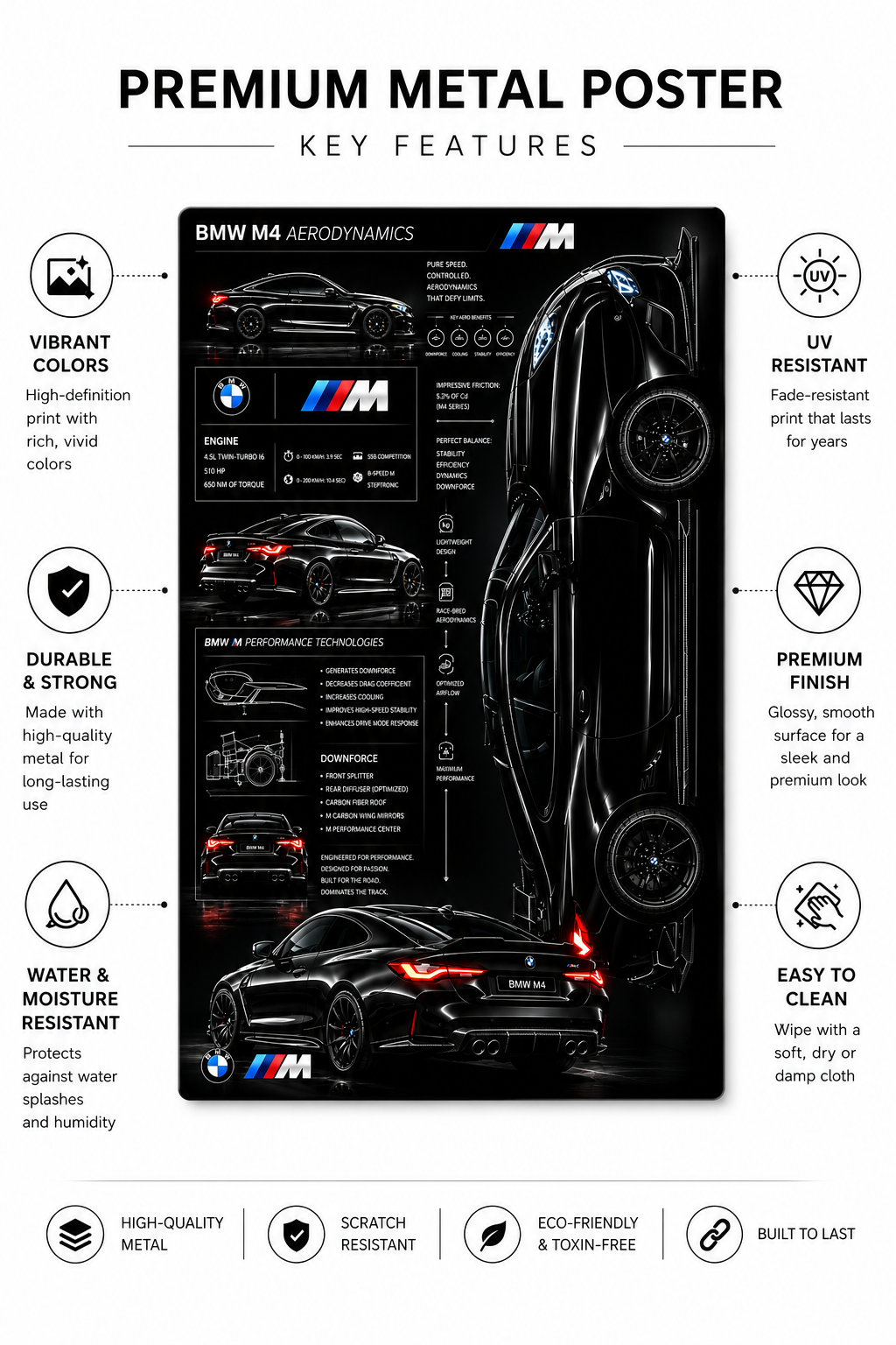 Black BMW Metal Poster | Premium Gloss Finish | A4 Portrait