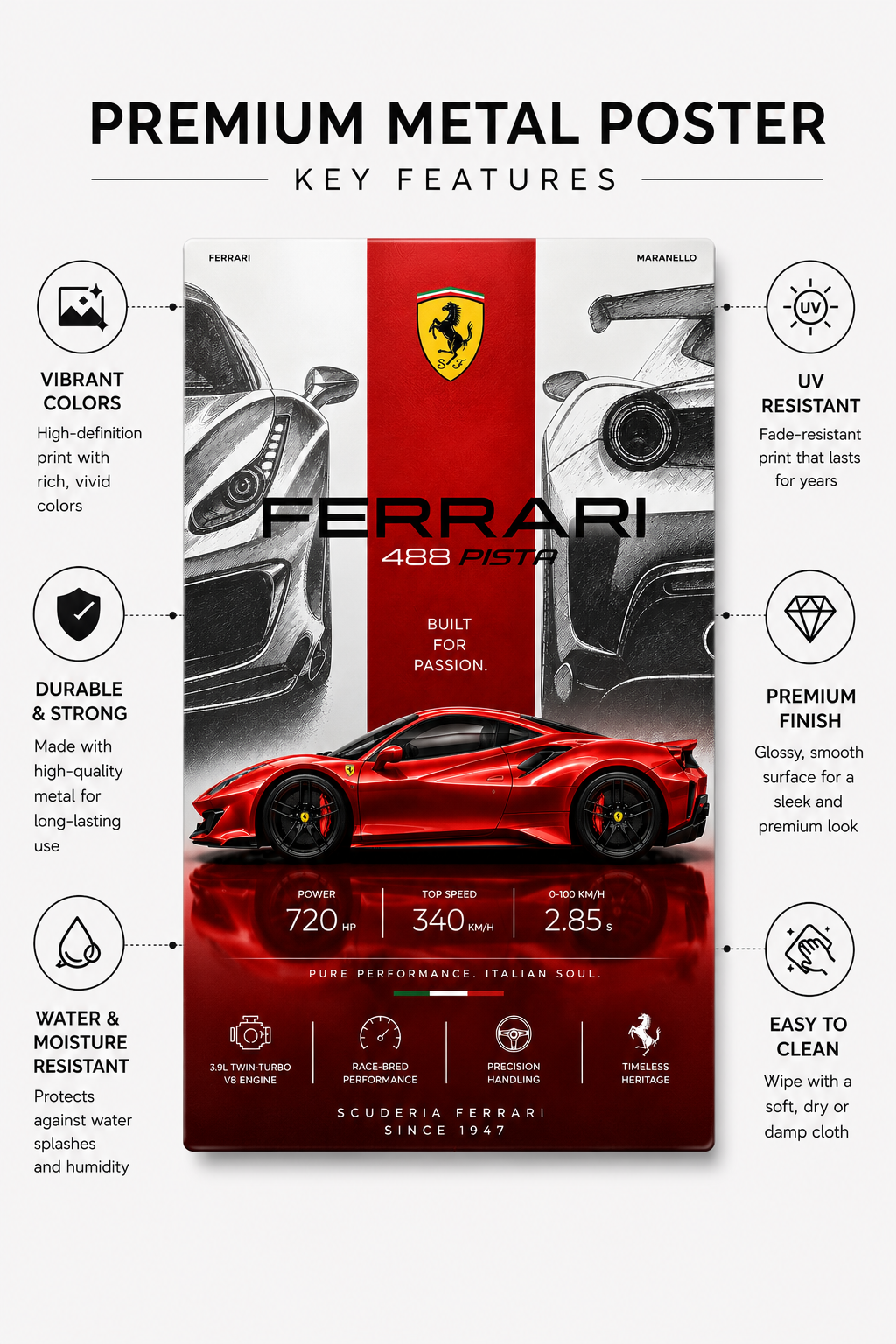 Red Ferrari Metal Poster | Premium Gloss Finish | A4 Portrait
