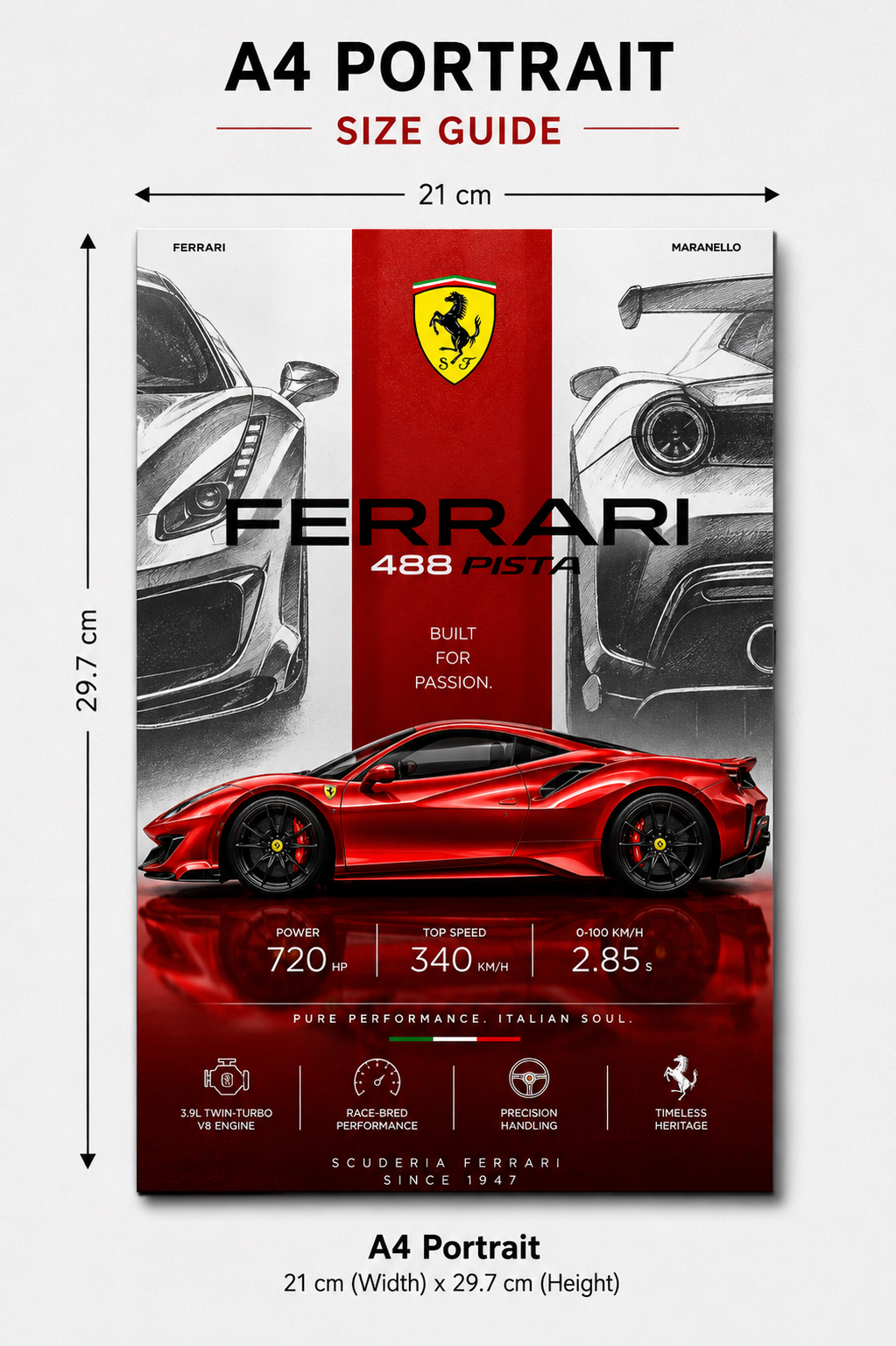 Red Ferrari Metal Poster | Premium Gloss Finish | A4 Portrait