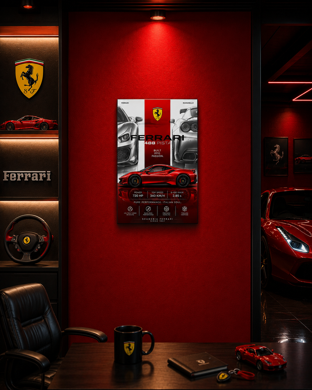 Red Ferrari Metal Poster | Premium Gloss Finish | A4 Portrait