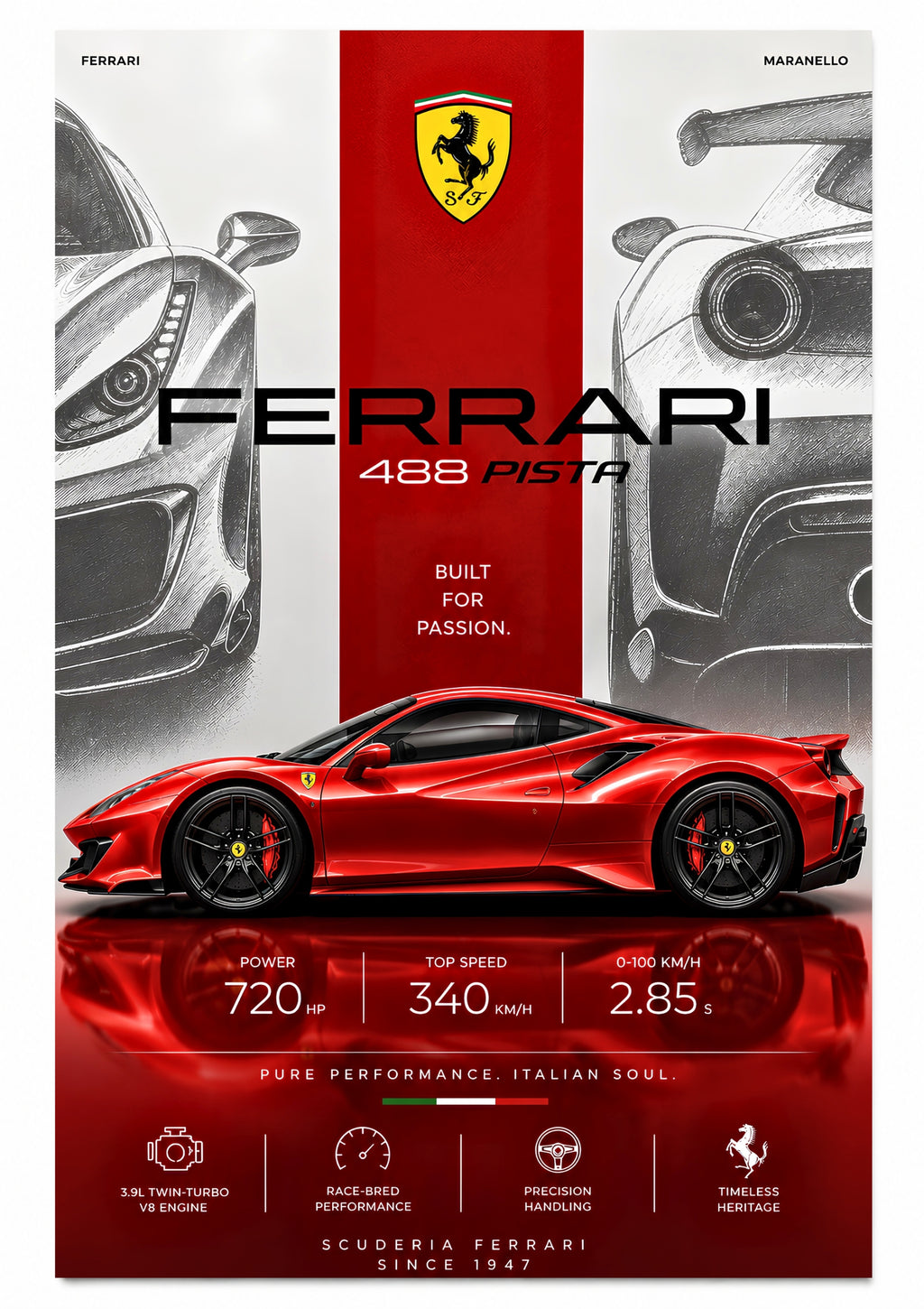 Red Ferrari Metal Poster | Premium Gloss Finish | A4 Portrait