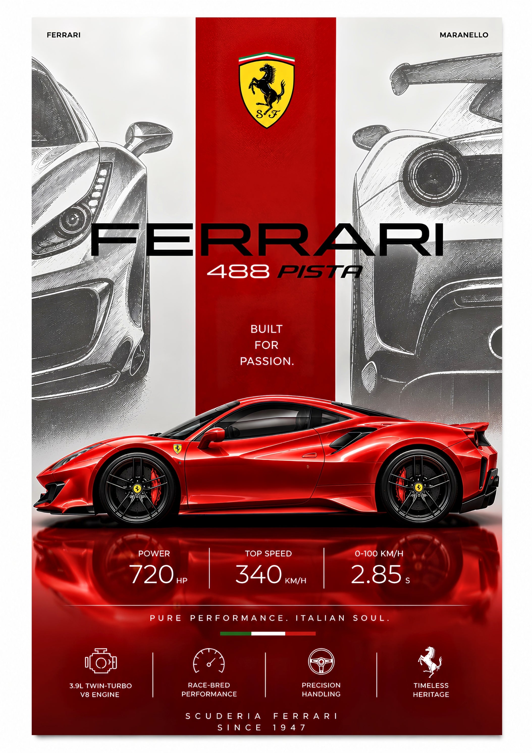 Red Ferrari Metal Poster | Premium Gloss Finish | A4 Portrait